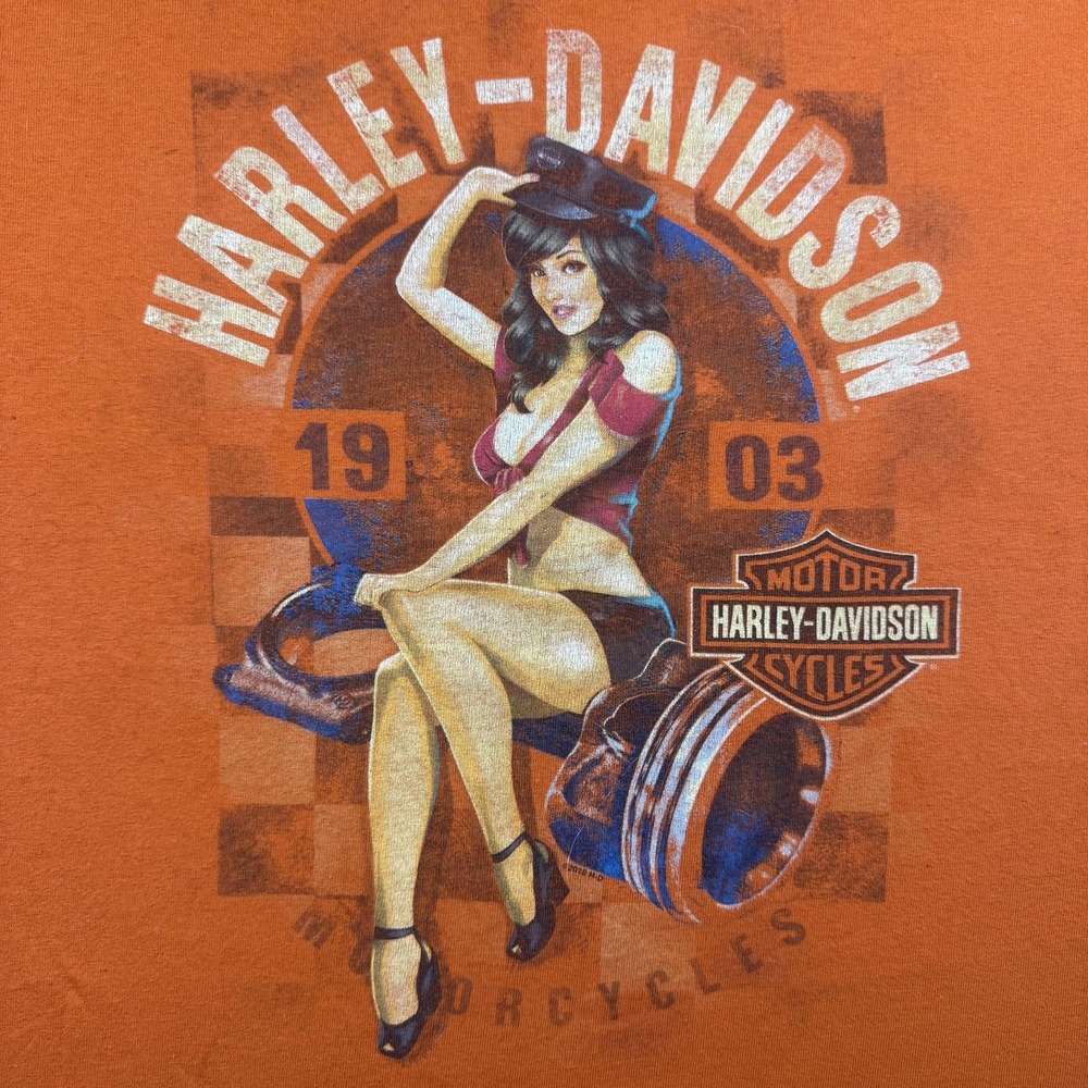 Harley-Davidson Shirt Mens Large Orange Pin-Up Girl Piston Biker Graphic‎ Tee